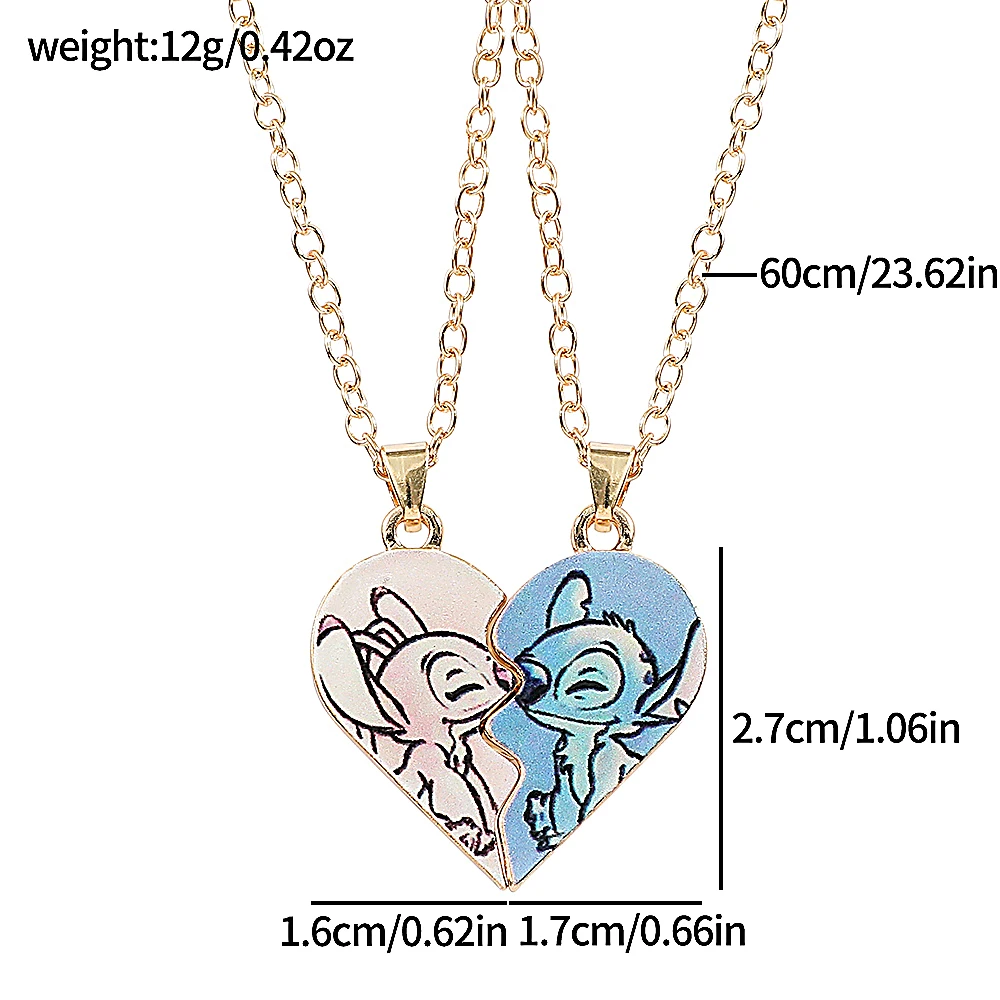 Disney Stitch Angel Couple Necklace Cartoon Heart Stitch Neck Chain For Women Men Love Jewelry Acessorios Gifts