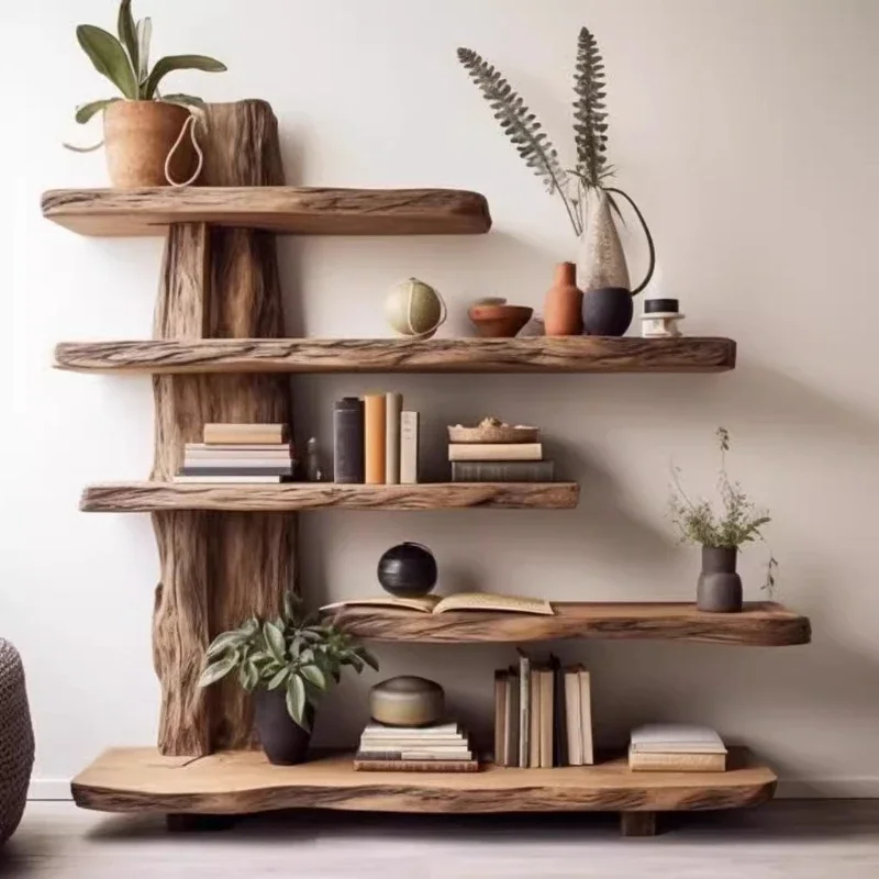 

Solid wood frame Log weathering medium and ancient style hotel display cabinet Natural edge partition tea rack