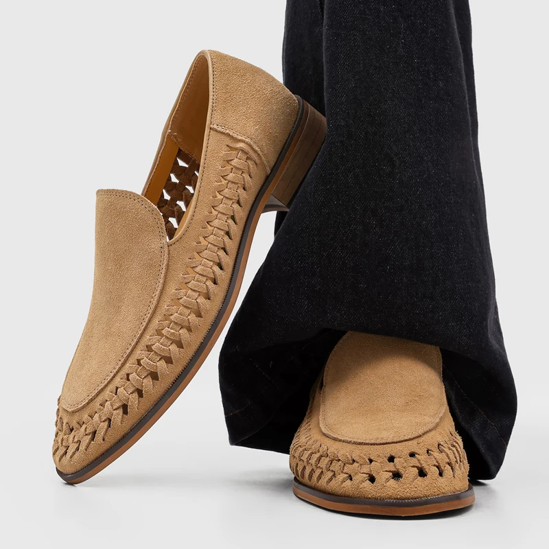 Summer New Men Hollowed Out Loafers with Frosted Suede Leather Breathable Comfortable Simple Work Daily Commuting Shoes