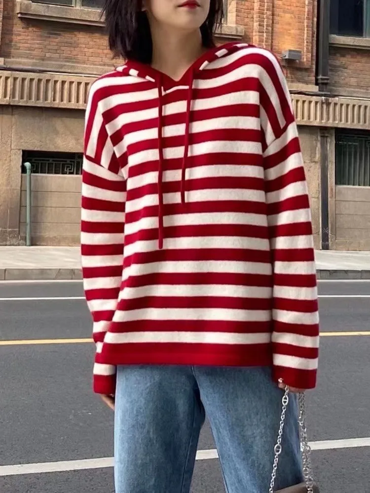 100% pure cashmere striped hoodie women fall winter new loose hoodie lazy wind sweater coat