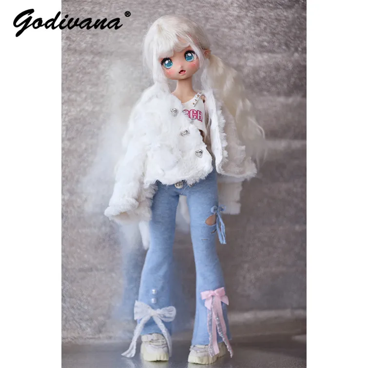 Sweet Cool Y2K BJD Doll Clothes Furry Cropped Jacket Letter Cami Top Ripped Flare Bow Jeans Set for 1/4 1/5 1/6 BJD Doll Suit