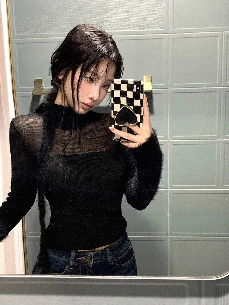 Streetwear Y2k Aesthetic Slim Knitted Sweaters Fashion All Match Bottoming Jumpers Grunge Casual Vintage Scarf Women Pullovers