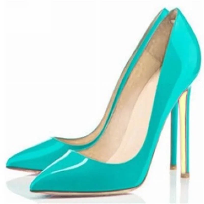 2022 Spring Newest Sky Blue Patent Leather High Heels Girls Pointed Toe Sexy Pumps Big Size 42 Thin Heels Woman Shoe