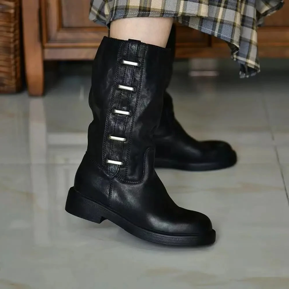 Women Thick Soled Knight Boots Wide Tube Mid Leg Boots Metal Decorated Women Boots Outdoor Warm Fashionable Solid Color