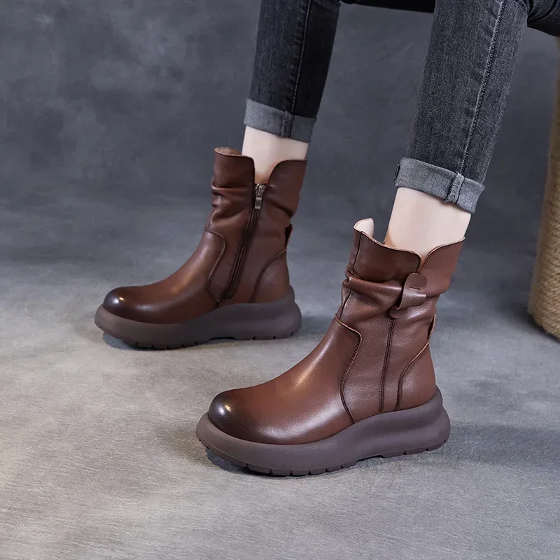 Qualidade superior 5cm mulheres meados de bezerro botas de couro genuíno plissado lado zip retro plataforma cunhas 2025 inverno botas quentes tamanho grande 43