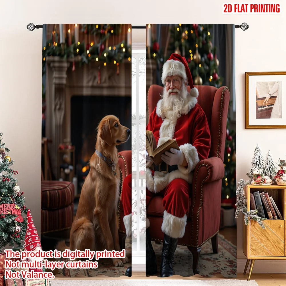 

2pcs 2D flat printing Merry Christmas Scene Curtains Santa Dog Fireplace Christmas Fabric Without Electricity 0 for gold wall