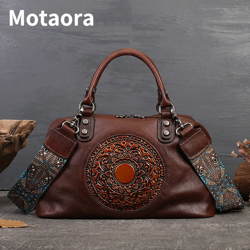 MOTAORA Retro Handmade Women Handbag For Ladies Genuine Leather Should Bags Bohemian Style Soft Cow Boston 2025 Luxury Handbags