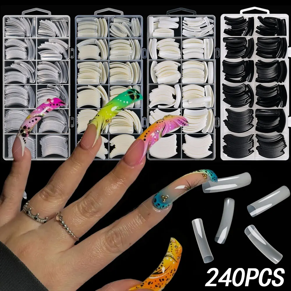 240PC Hawk Curved Long Square False Nails 12Size XXL Extra Deep Curve Full Cover Acrylic Fake Tips Eagle Claw Nail Extension Tip