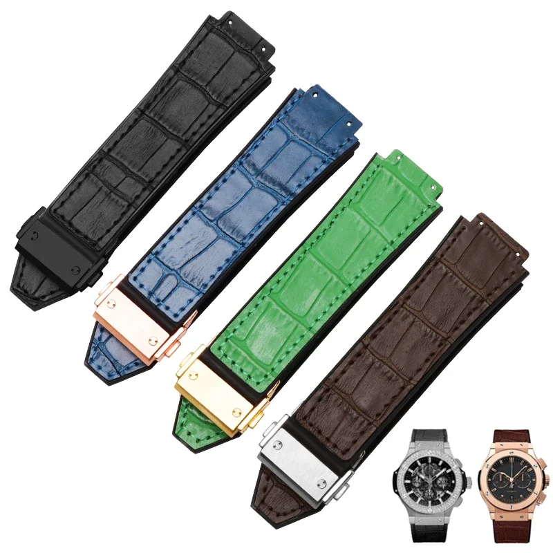 26*19mm Real Cow Leather Rubber Watchband for HUBLOT Classic Fusion Universe Big Bang Series Men Belt Watch Band Butterfly Buckl