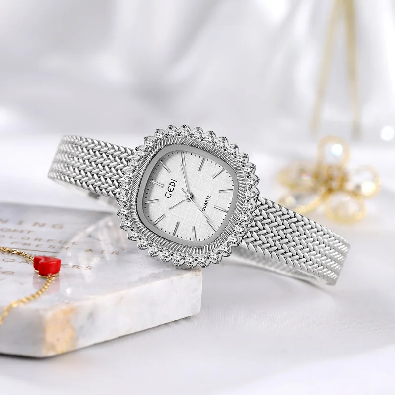 GEDI Women Quartz Watch Luxury Classic Square Diamond Dial Gold Sliver Clock Stainless Steel Orologio Reloj Ladies Wristwatch