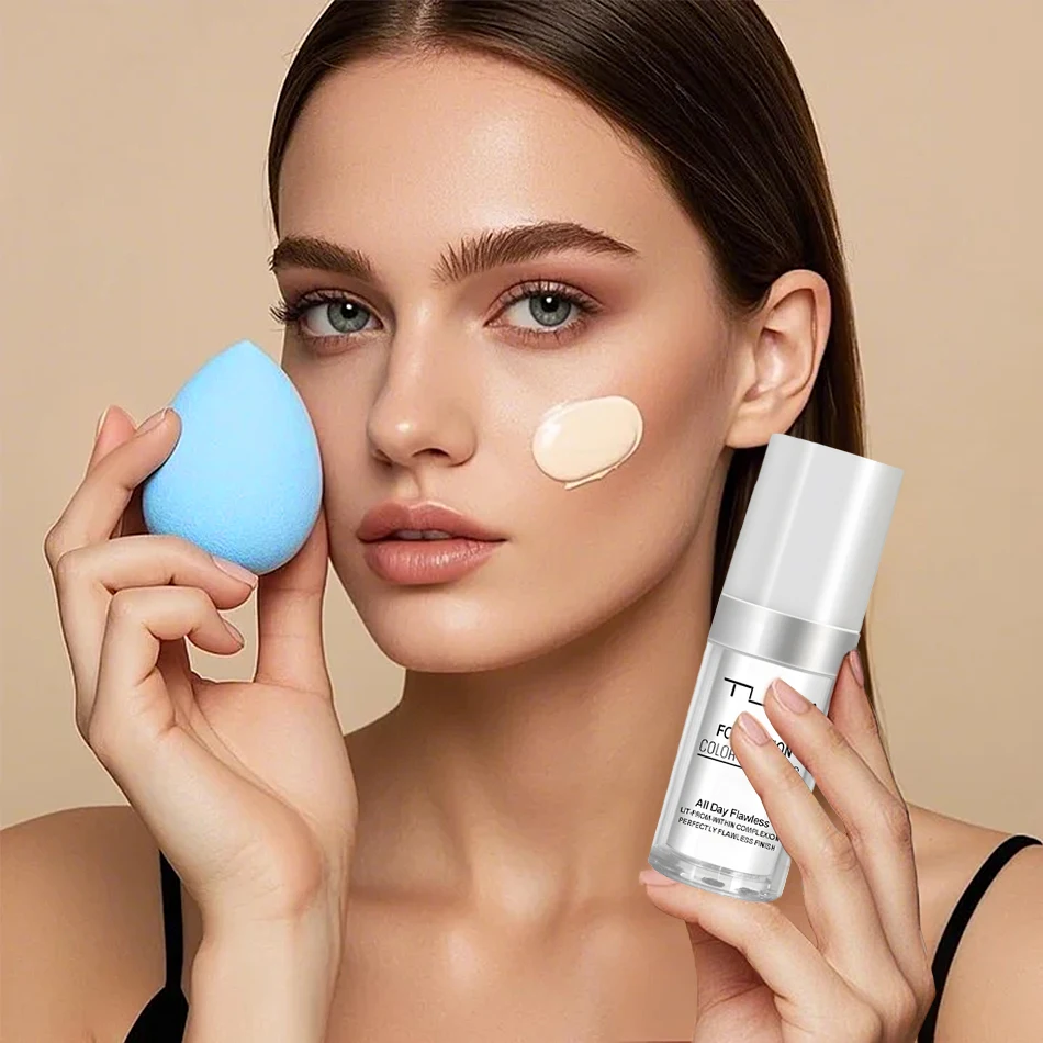 كريم أساس سائل TLM 30 مل، مقاوم للماء، مرطب يدوم طويلاً، مكياج للوجه، إسفنجة تجميل، فرشاة مكياج #1