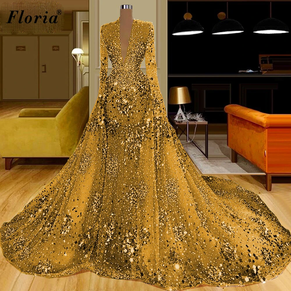 

Gold Beads Evening Dresses Long Luxury 2022 Mermaid Sequins Evening Gowns For Women Sparkly Red Carpet Runway Dresses Party