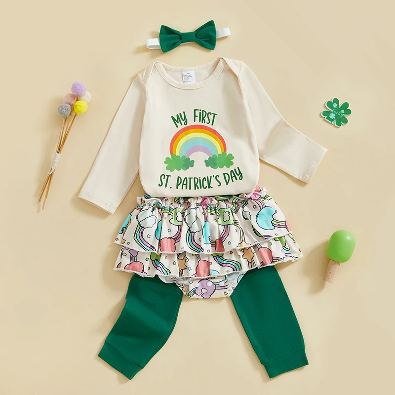 St Patrick s Day Toddler Dress Green Shamrock Print Tutu Skirt Clover Headband Bow Leg Warmers Irish Costume Set