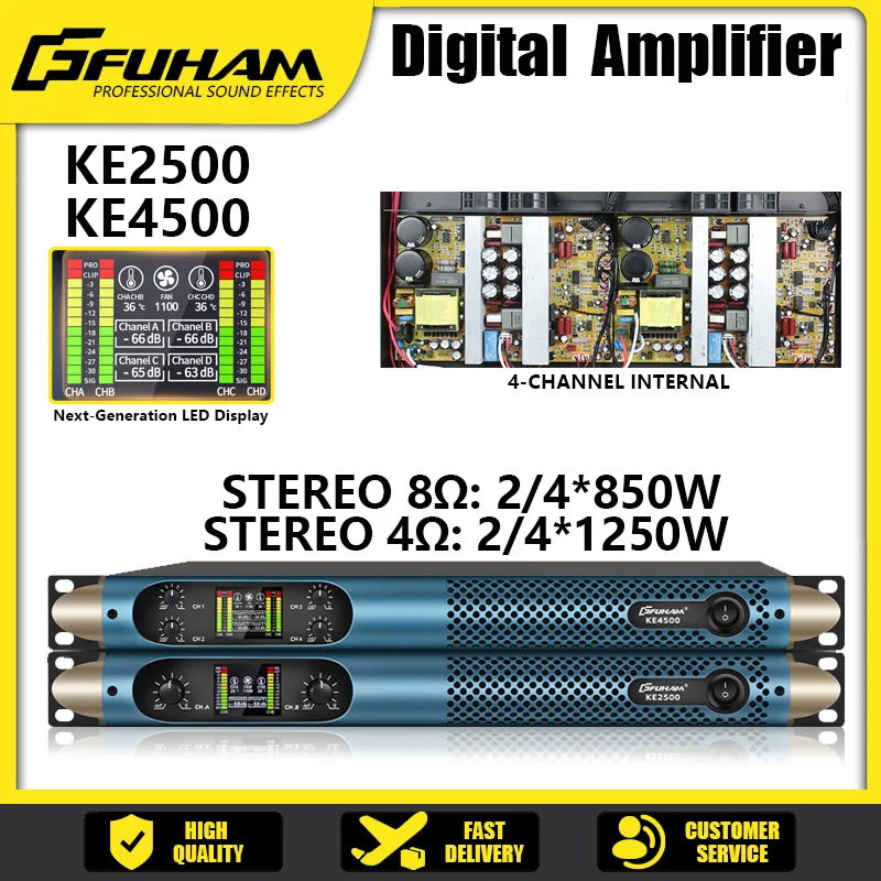 FUHAM KE2500 Digital Amplifier 2/4Channel Class D Digital Power Amplifier 1U (8Ω) 850W (4Ω) 1250W Stage KTV Power Amplifier