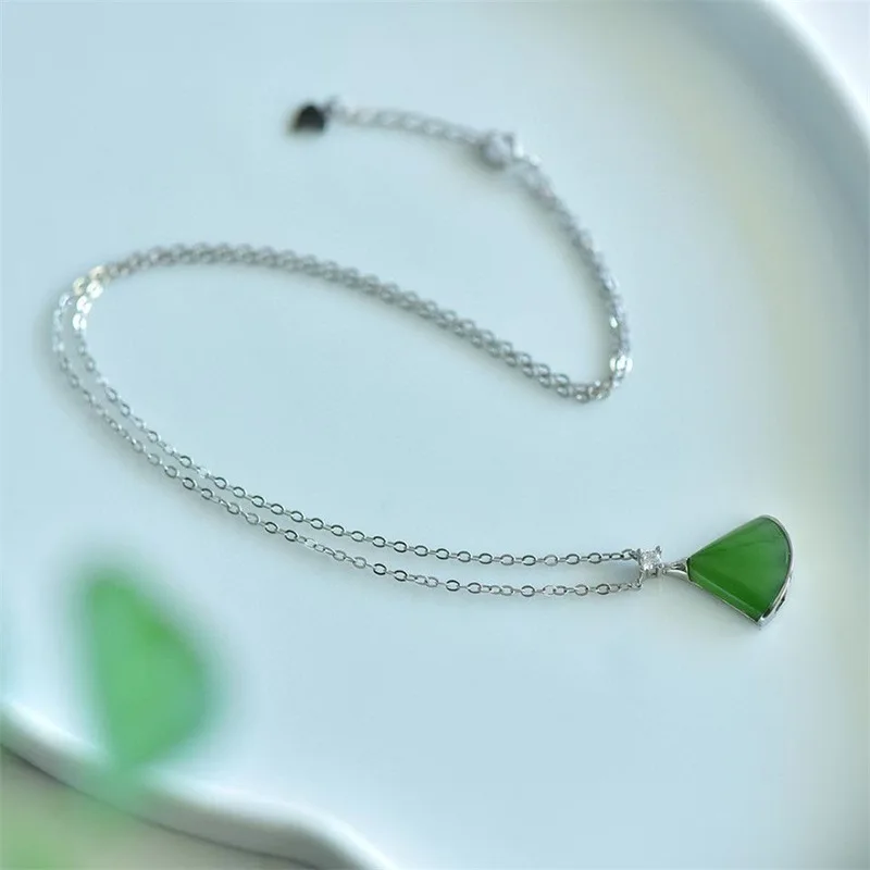 skirt clavicle chain pendant, S925 silver with fan-shaped Hetian jade inlay, passed inspection - view 3