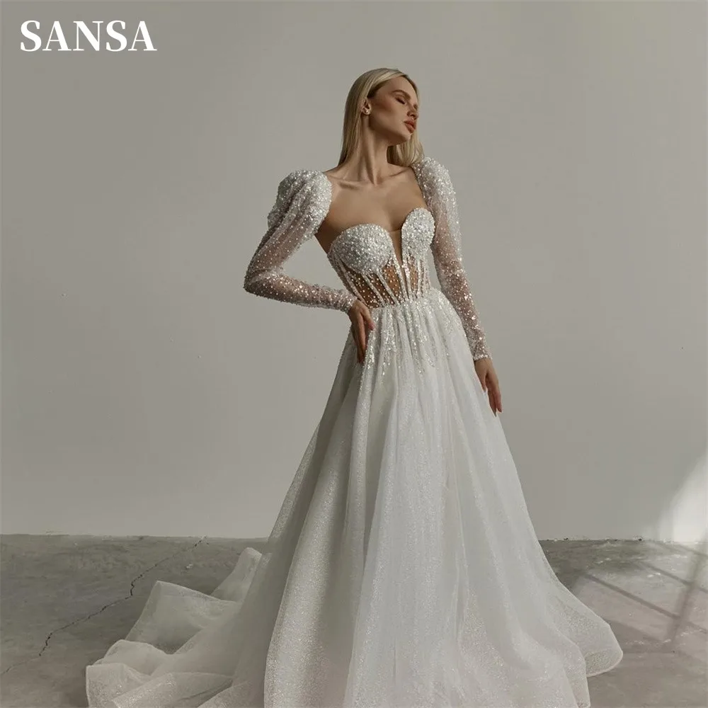 Sansa Elegant Long Sleeve A-line Wedding Dress Shiny Sequins Vestidos De Novia Sweet Fishbone Ball Gown Robe De Mariée