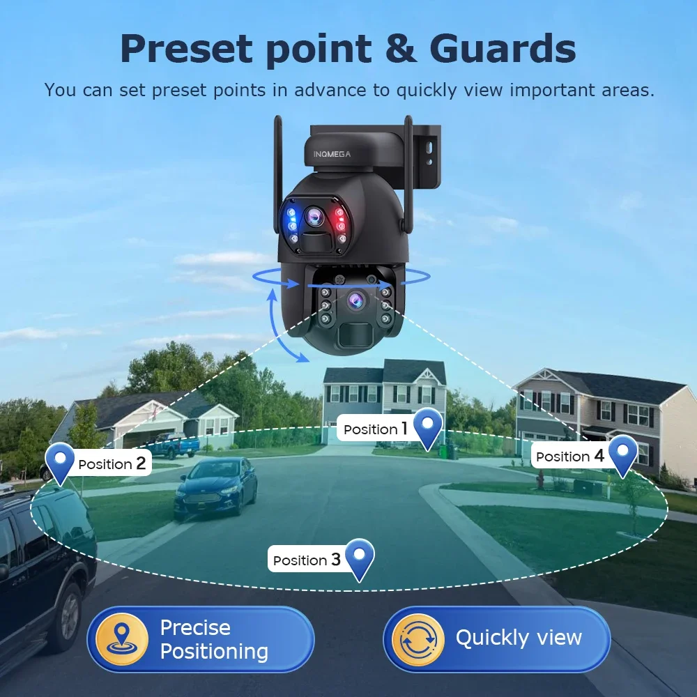 INQMEGA 6MP Wifi PTZ Camera 4G SIM Smart Al PIR Human Detection Dual Lens Red and Blue Alarm Light Two-Way Audio Outdoor Camera