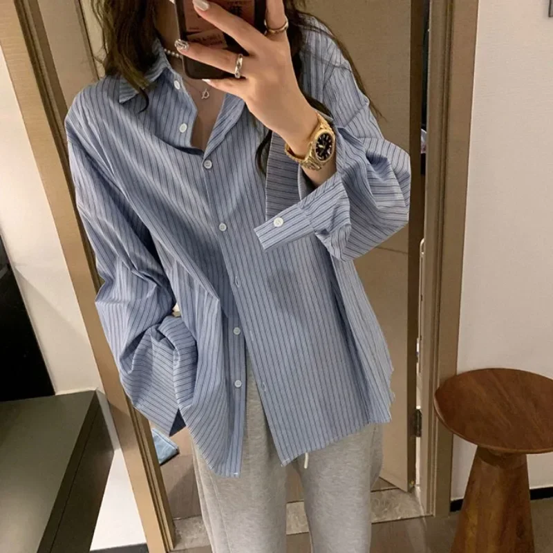 Long Sleeve Striped Shirts Women New Casual Tops Loose Breathable Temper Slouchy Outwear Vintage Streetwear Ulzzang Minimalist