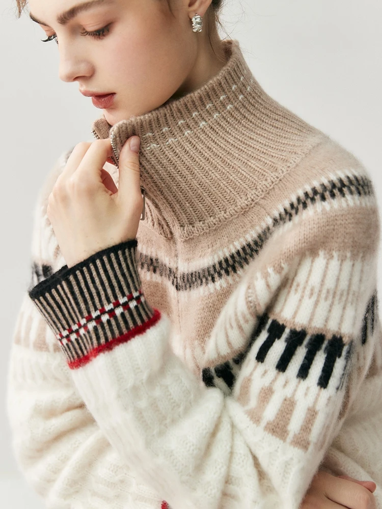 

CHICUU Luxury Women 100% Cashmere Sweater Zipper Turtleneck Thick Pullover Vintage Jacquard Cashmere Knitwear Autumn Winter Tops