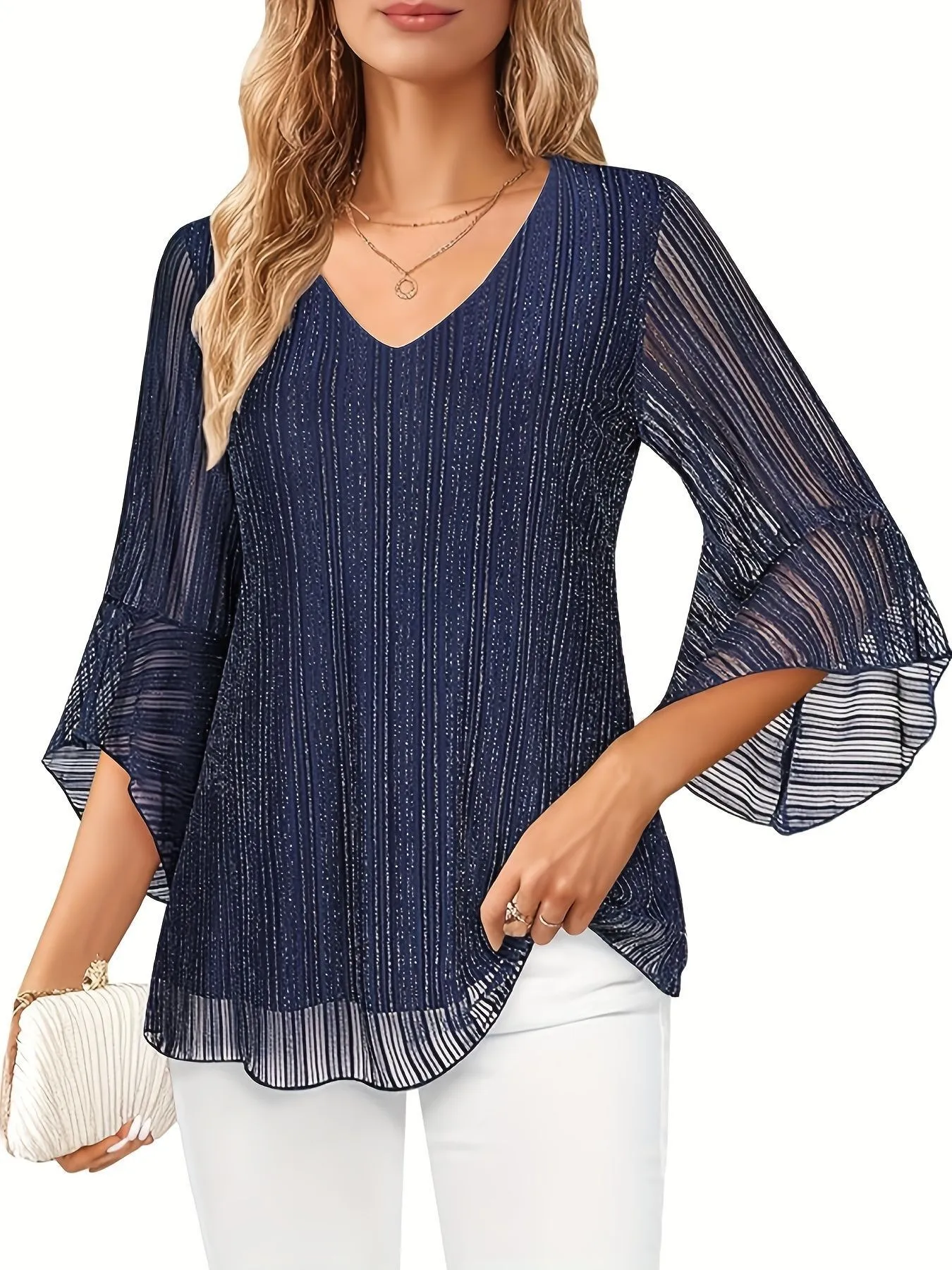 V Neck Bell Sleeve Shirts Loose Fit Elegant with Bell Sleeve Blouse No Pattern Commuter Chic Winter Regular Length Women Shirts