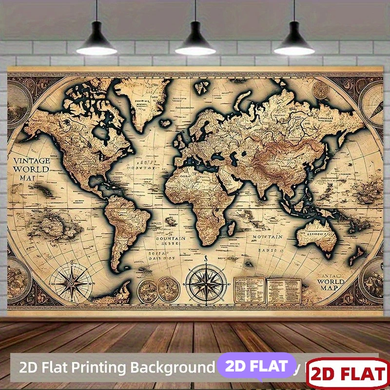 Pancarta plana bidimensional, 1 pieza, tela de fondo con mapa del mundo retro - decoración de pared con ilustraciones de brújula y montañas