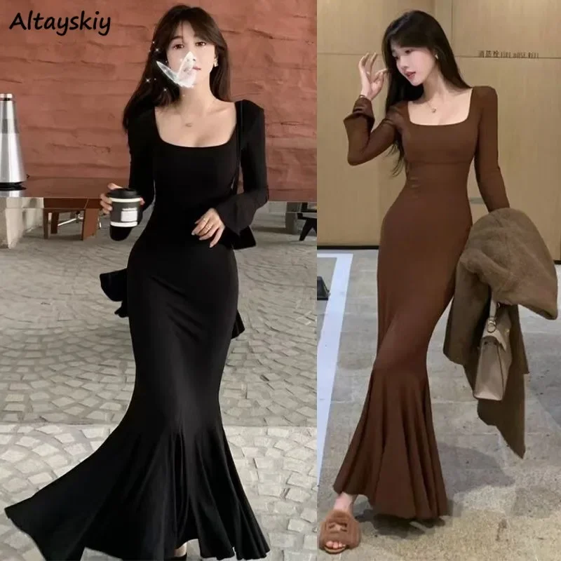 Sexy Dresses Women Solid Backless Elegant High Waist Fashion Ankle-length Ling Sleeve Famous Lady Slim Streetwear Nightclub New