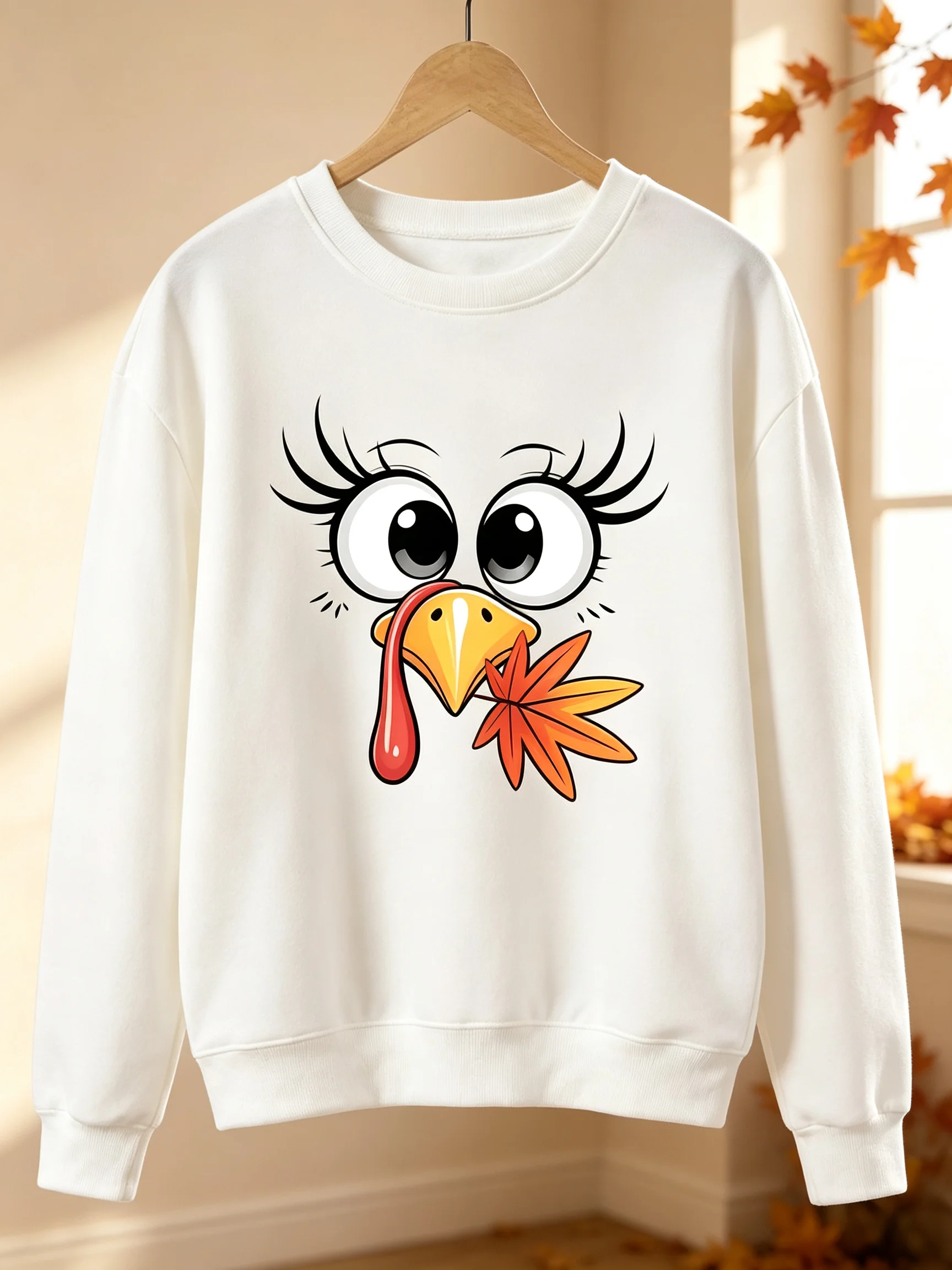 Casual Women Crew Neck Sweatshirt Cute Cartoon Turkey Face Maple Leaf Print Thanksgiving Loose Fit Pullover Long Sleeve Tops