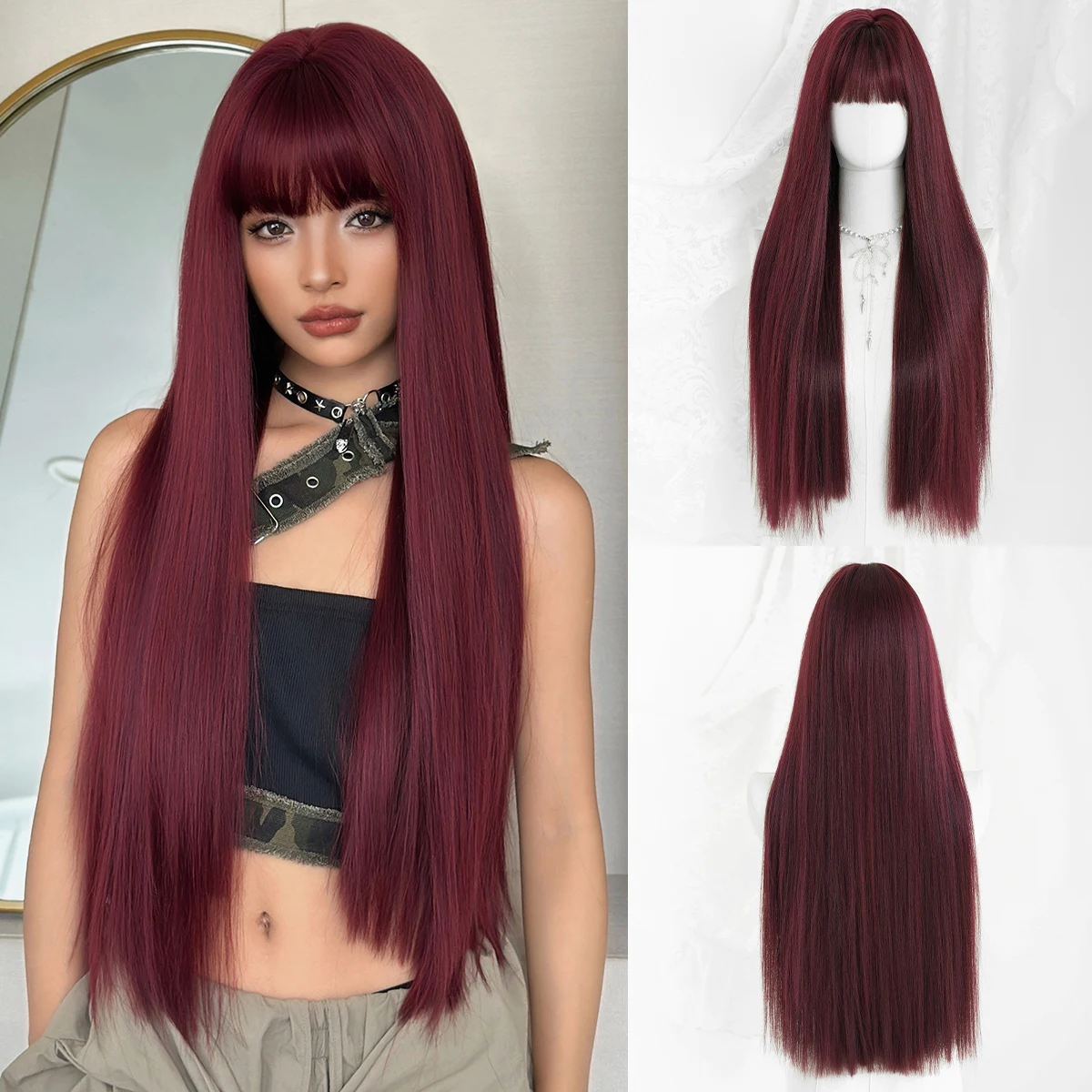 7JHH WIGS Lange, gerade, burgunderrote Perücke für Damen, synthetische, hitzebeständige, modische Perücke zum sofortigen Tragen, weinrote Perücken mit ordentlichem Pony