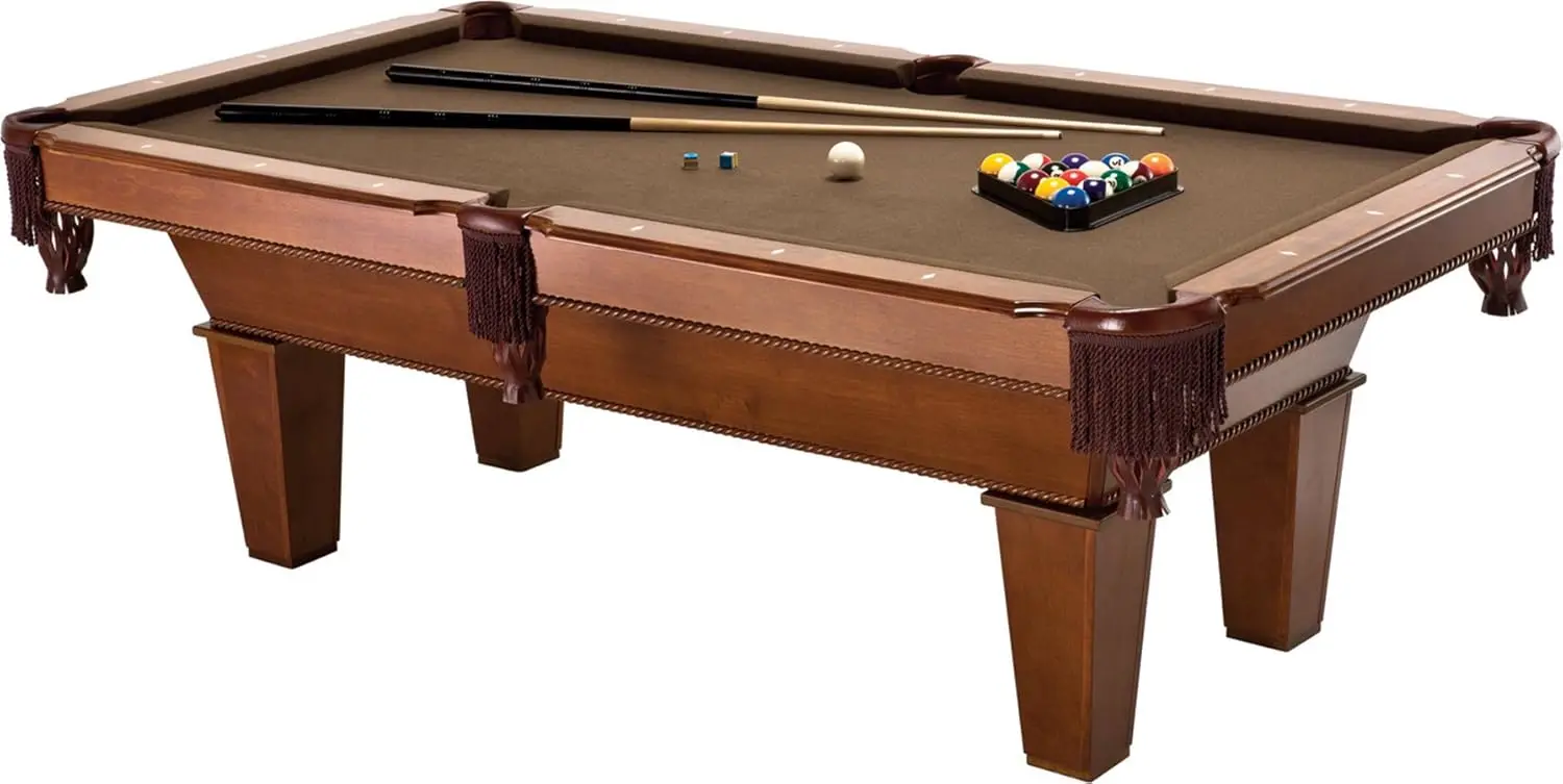 

7.5' Pool Table with Classic Style Billiard Pockets & Contemporary Straight Legs, Oak Finish w/Bronze Colored Cloth Playing USA