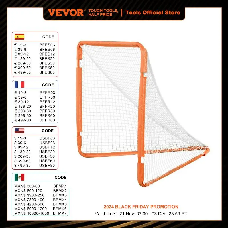 VEVOR 4/6FT Lacrosse Goal Small Kids Folding Portable Iron Frame Backyard Training Equipment For Youth Training Orange