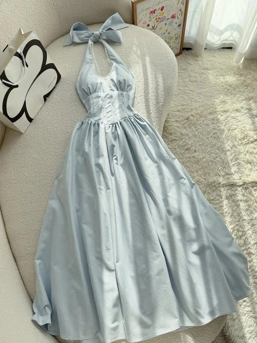 Gothic Vintage Sexy rückenfreies Spitzen-Midikleid, hohe Taille, elegantes Neckholder-Kleid, Sommer-Outfits, schlankes Bandage-Y2k-Kleid, schick