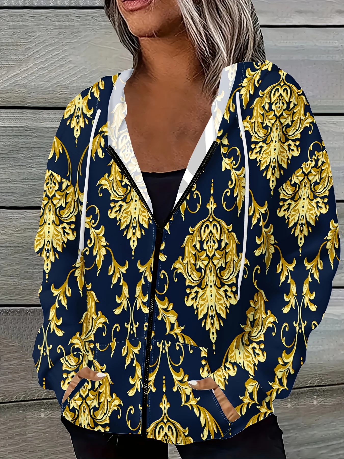 

Casual Hooded Jacket for Men Winter Warm Long Sleeve Damascene Pattern Print Gold Color Lightweight Outerwear Streetwear