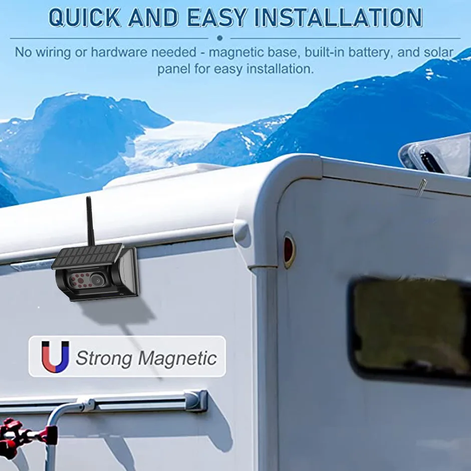 كاميرا احتياطية عكسية مغناطيسية تعمل بالطاقة الشمسية مع شاشة تسجيل DVR للرؤية الخلفية مقاس AHD مقاس 7 بوصات للتخييم/المقطورة/الشاحنة