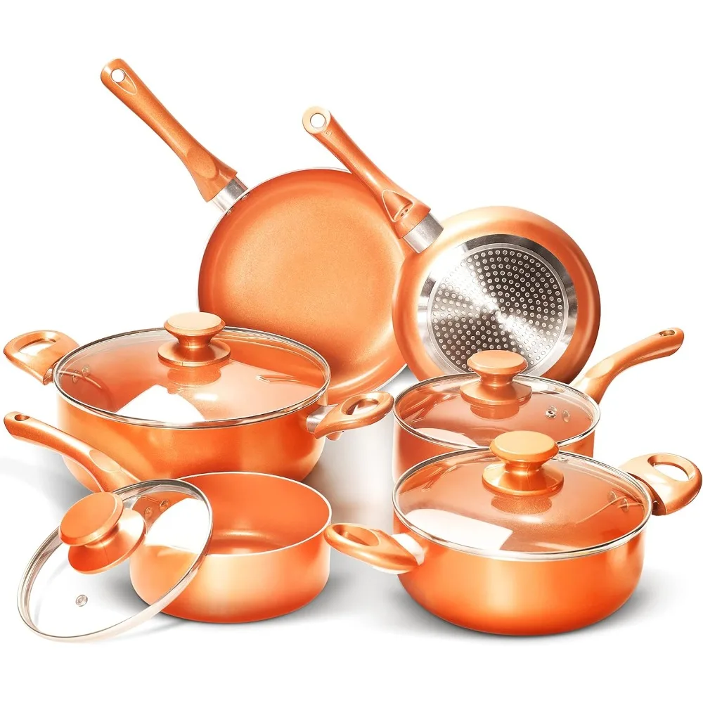 

10pcs Cookware Set Ceramic Nonstick Soup Pot/Milk Pot/Frying Pans Set | Copper Aluminum Pan with Lid, Induction Gas