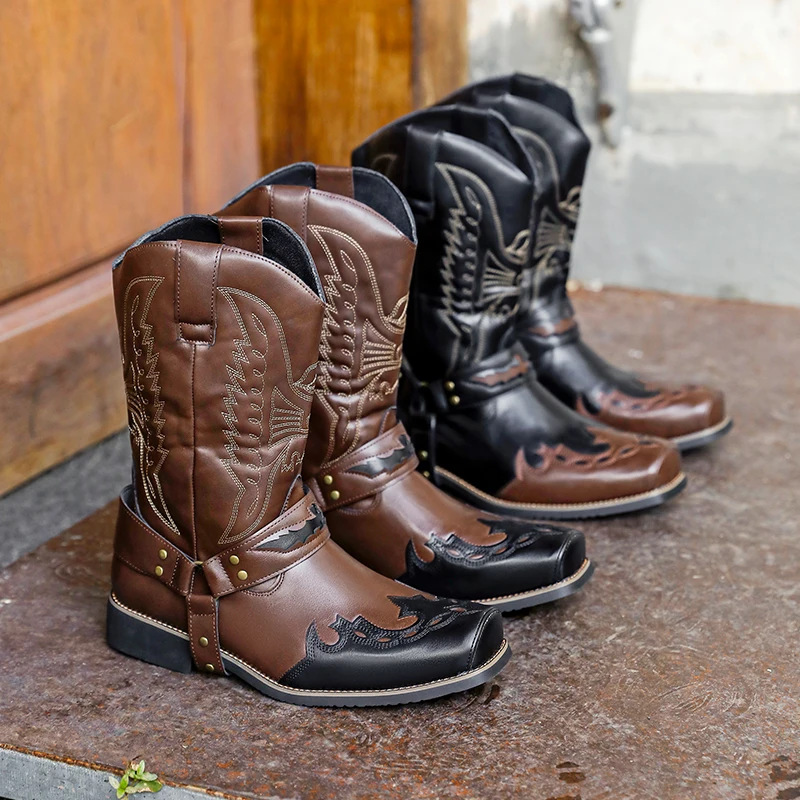 

Black Brown Faux Leather Winter Shoes 2025 New Western Cowboy Boots Retro Men Boots Embroidered Men Mid-calf Boots Size 46 Botas