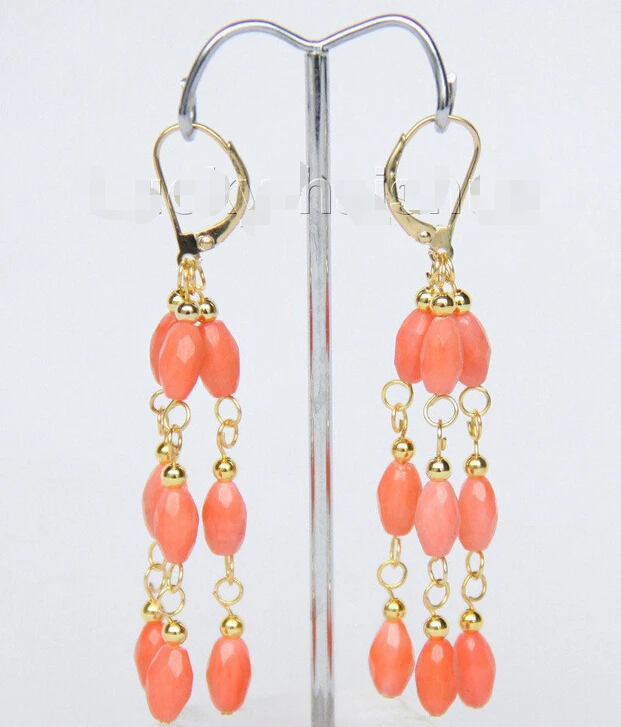 

Dangle Genuine carven 6-7mm pink coral gold earrings