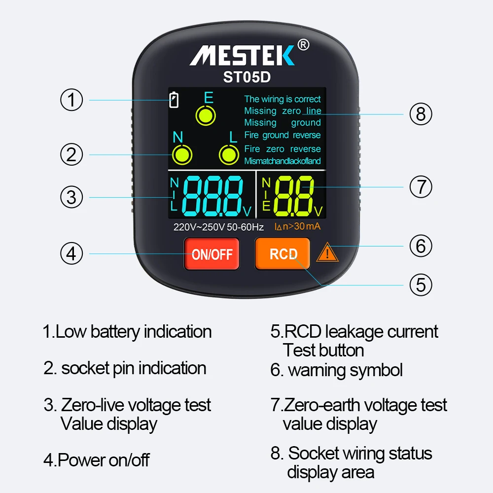 Mestek Digital Display Smart Socket Tester Outlet Checker 30A RCD GFCI NCV Test Outlet Checker EU US UK Zero Line Socket Detecto
