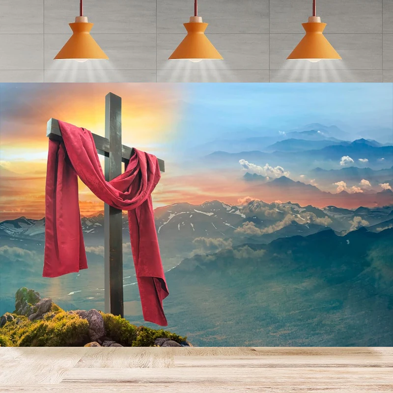 Jesus Christ Cross Photography Background Sunrise Mountain Scenery Sepulcher Lord Pray Crucifixion Shroud Party Backdrop Wall