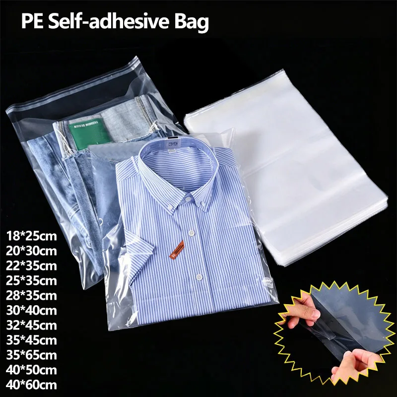 100pcs Wholesale PE Transparent Self-adhesive Bags For Clothes T-Shirt Packing Plastic Pouch Clear Waterproof Storage Sealed Bag