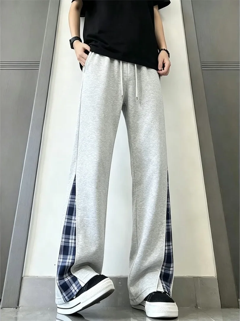 2026 Spring/Summer Plaid Sporty Loose Straight Leg Casual Pants for Men Trendy American Brand Patchwork Bell Bottoms