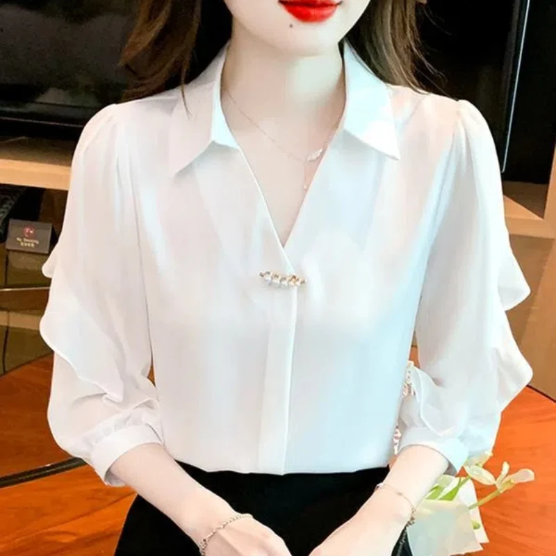 Women\'s Solid Color Rivet Lantern Long Sleeve Chiffon White Cardigan Shirt Formal Spring Summer Clothing Turn-down Collar Tops