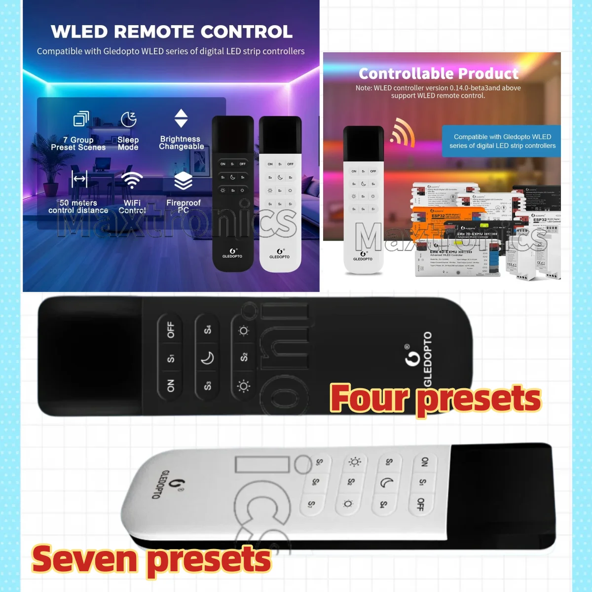 

GLEDOPTO RC-001WL/002WL Умный беспроводной Wi-Fi пульт дистанционного управления для светодиодов 2.4G с 4/7 режимами сцен, режимом сна, регулировкой яркости, IP20