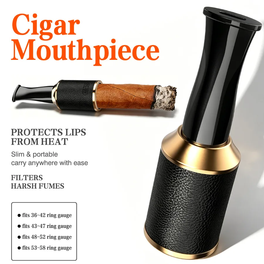 

Luxury Leather Cigar Mouthpiece, Metal Cigar Accessory, Universal Cigar Holder Fits 36-58 Ring Gauge, Anniversary Gift for Men