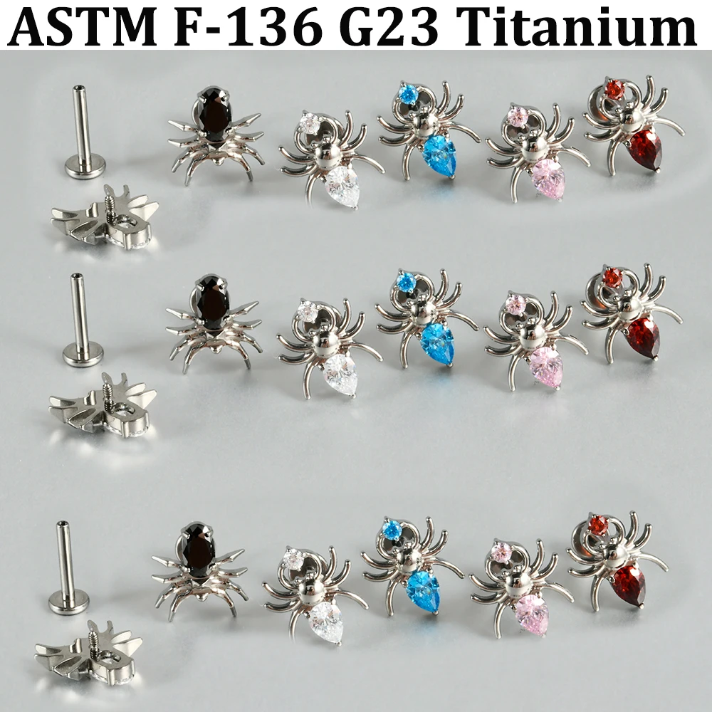 1PC Colorful Waterdrop Zirconia Spider Flat Back Labret G23 Solid Titanium Internal Threaded Lip Ear Cartilage Tragus Earring