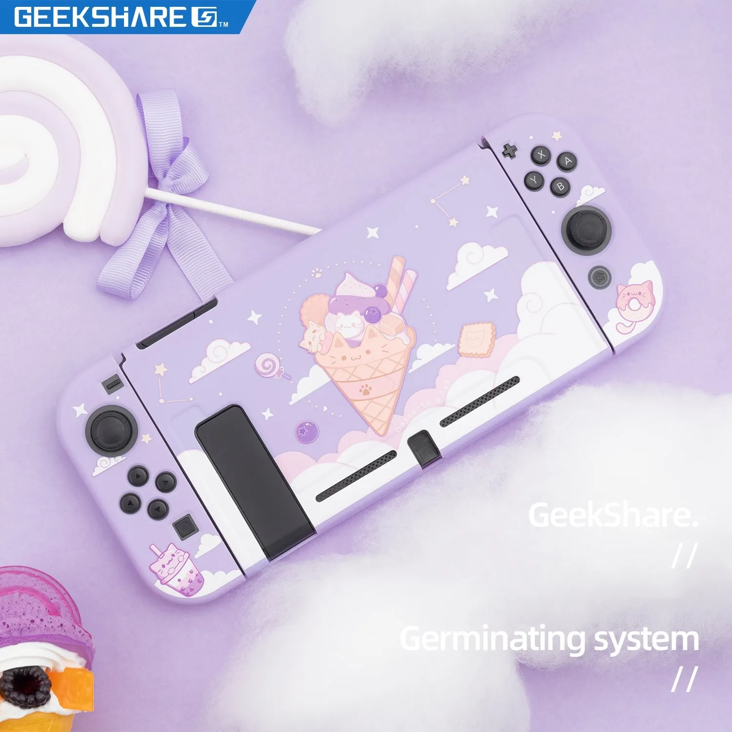 GeekShare Case Kawaii Ice Cream Cat Cartoon Purple Starry Soft TPU Full Cover Back Girp Shell For Nintendo Switch NS Accessories