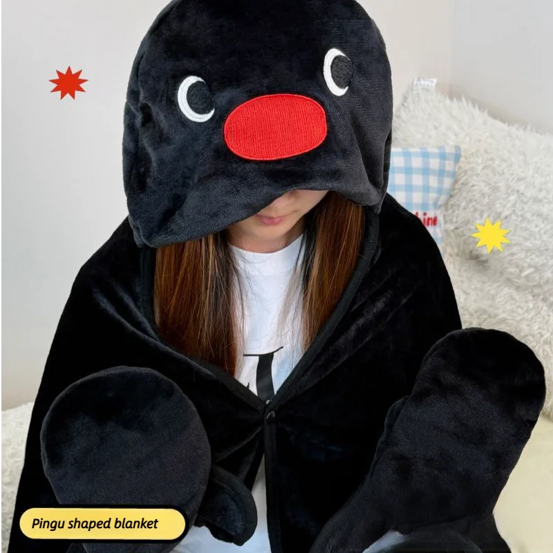 Licensed Wearable Blanket With Hand Warmers - Kawaii Penguin Hooded Throw Blanket, Soft Flannel For Office/college, Perfec