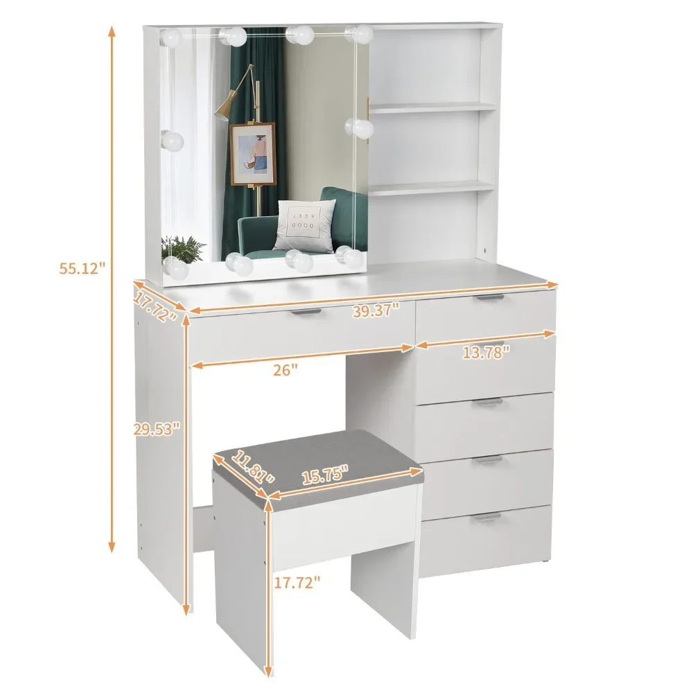 Particleboard Tria mine Veneer 6 Pumps 2 Shelves Mirror Cabinet 3 Tone Light Bulbs Dressing Table Set White