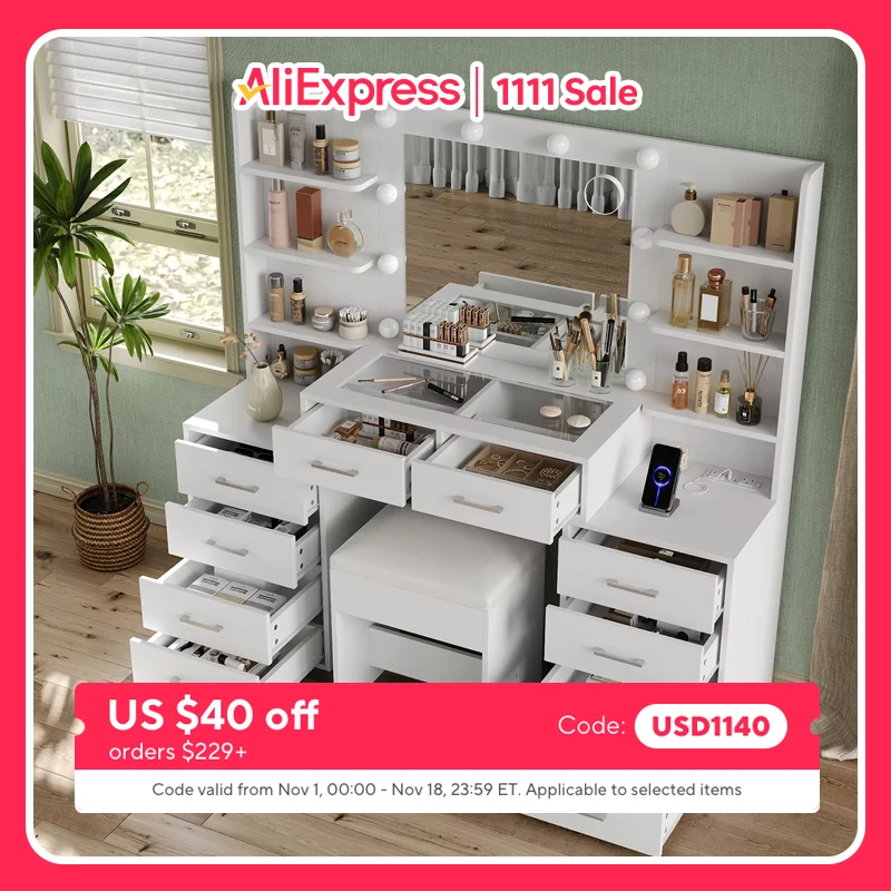 Modern Minimalist Vanity Set, LED Lighted Mirror with 3 Brightness Adjustment Levels, Multiple Drawers & Open Storage Shelves, Clear Tempered Glass Scratch-Resistant Top with USB Charging Port