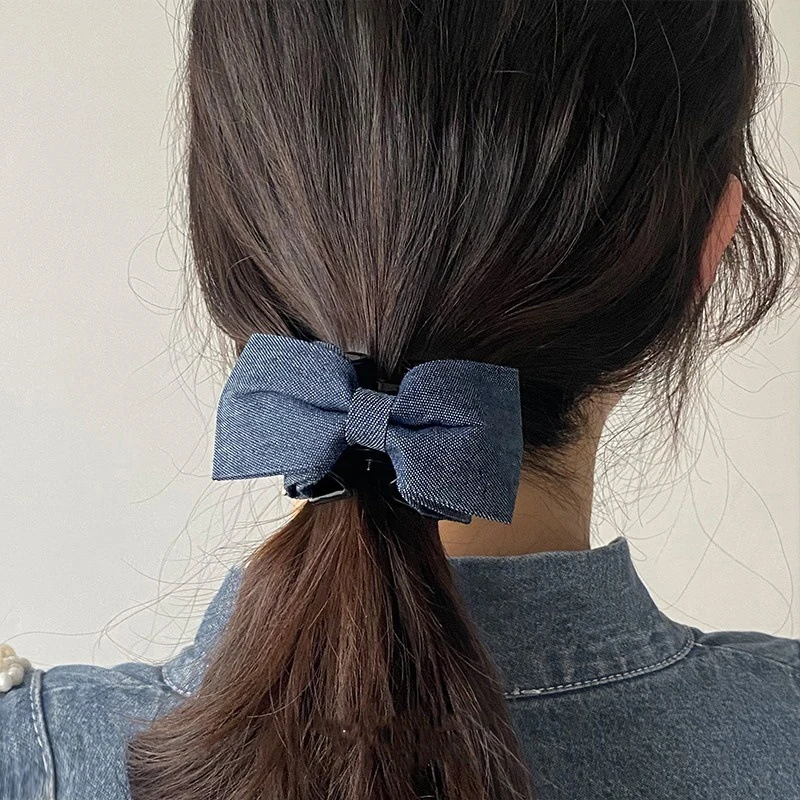 Sweet Cool Y2k Denim Fabric Shark Clips For Women Girls Korean Style Bowknot Ponytail Hair Claw Hair Accessories