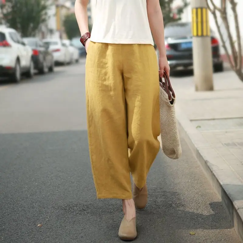 Women Summer Simplicity Loose Elegant Solid Color High Waist Appear Thin Wide Leg Women Clothes Casual All-match Cropped Pants